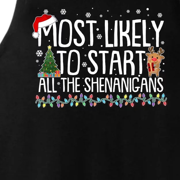 Funny Christmas Most Likely To Start All The Shenanigans Ladies Tri-Blend Wicking Tank