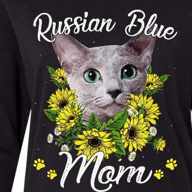 Funny Cat Mom Mothers Day Kitten Sunflower Russian Blue Mom Womens Cotton Relaxed Long Sleeve T-Shirt