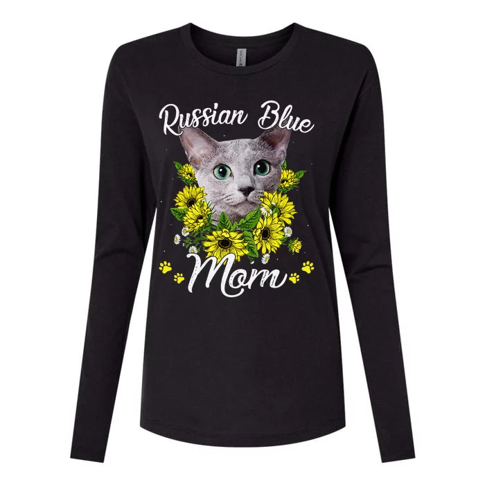 Funny Cat Mom Mothers Day Kitten Sunflower Russian Blue Mom Womens Cotton Relaxed Long Sleeve T-Shirt