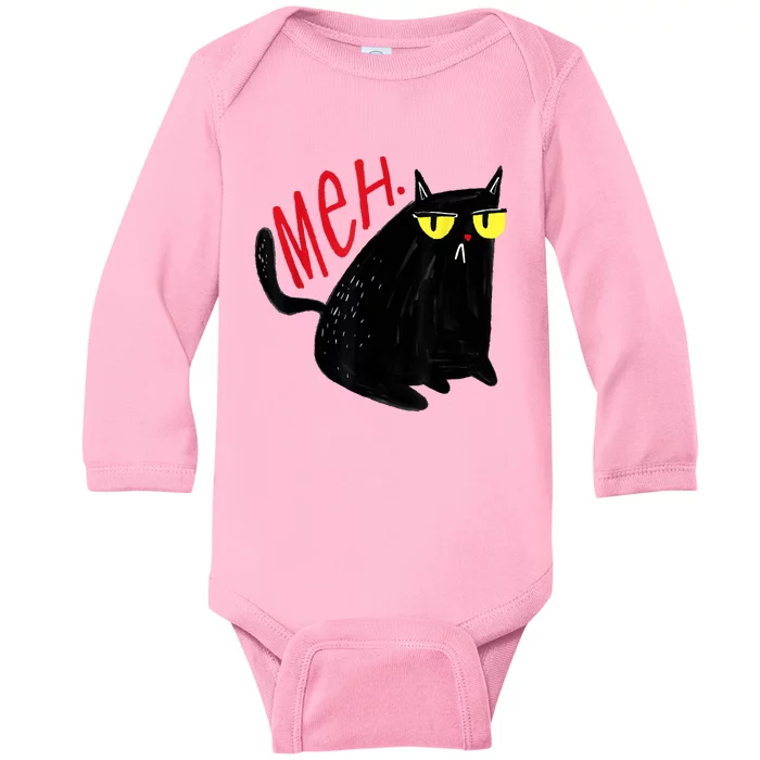 Funny Cat Meh Meow Black Cat For Men Women Gifts Baby Long Sleeve Bodysuit