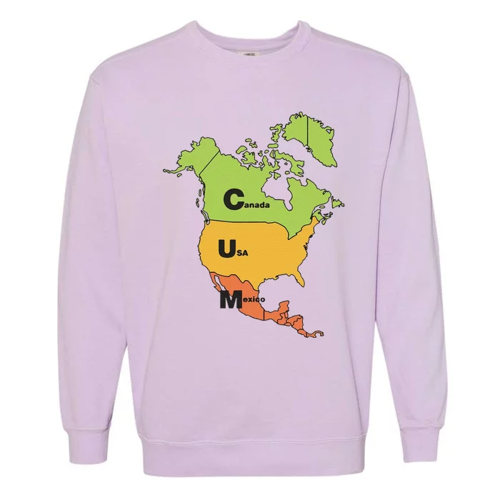 Funny Cum Map Canada Usa And Mexico Gift Garment-Dyed Sweatshirt