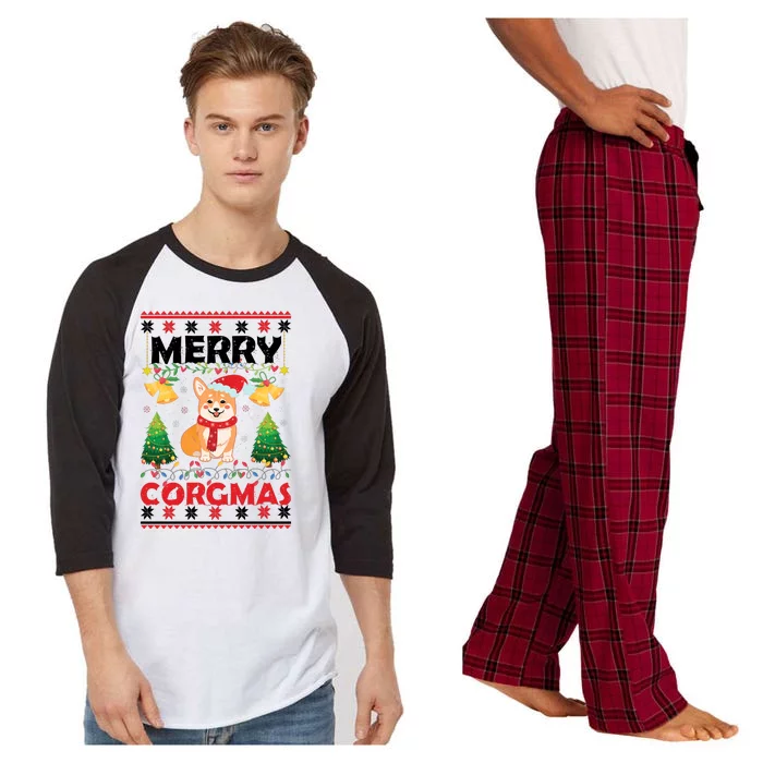 Funny Cute Merry Corgmas Ugly Christmas Sweater Raglan Sleeve Pajama Set