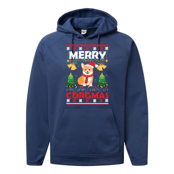 Funny Cute Merry Corgmas Ugly Christmas Sweater Performance Fleece Hoodie