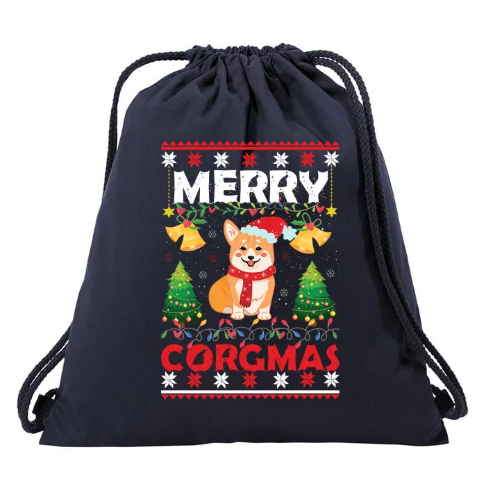 Funny Cute Merry Corgmas Ugly Christmas Sweater Drawstring Bag