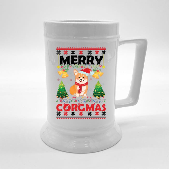 Funny Cute Merry Corgmas Ugly Christmas Sweater Front & Back Beer Stein