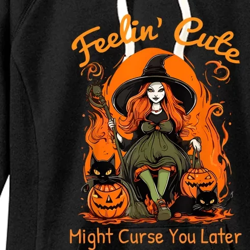 Feeling Cute Might Curse You Later Funny Witch Halloween Cat Women's Fleece Hoodie