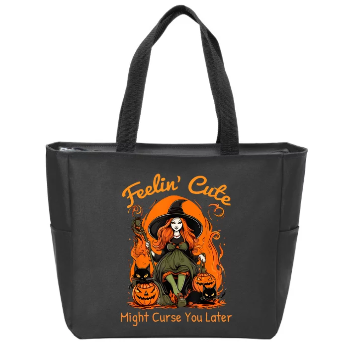 Feeling Cute Might Curse You Later Funny Witch Halloween Cat Zip Tote Bag