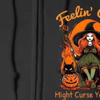 Feeling Cute Might Curse You Later Funny Witch Halloween Cat Full Zip Hoodie