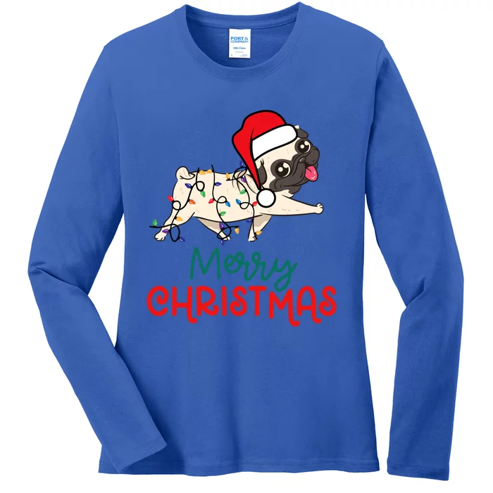 Funny Cute Merry Christmas Pug Santa Hat Xmas Lights Tangled Gift Ladies Long Sleeve Shirt