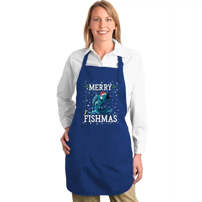 Funny Christmas Merry Fishmas Fishing Fisher Xmas Funny Gift Funny Gift Full-Length Apron With Pocket