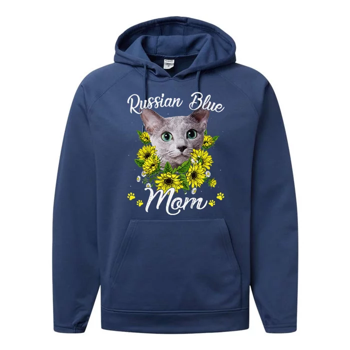 Funny Cat Mom Mothers Day Kitten Sunflower Russian Blue Mom Performance Fleece Hoodie