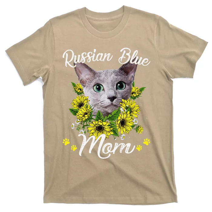 Funny Cat Mom Mothers Day Kitten Sunflower Russian Blue Mom T-Shirt