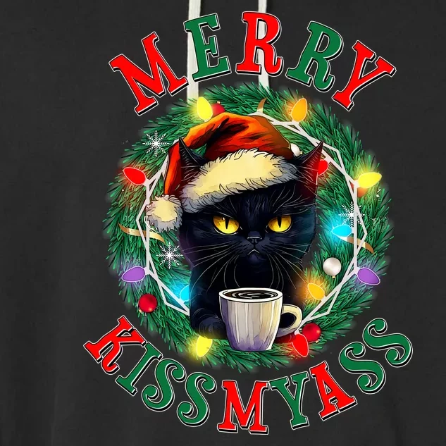 Funny Christmas Merry Kissmyass Moody Cat Coffee Garment-Dyed Fleece Hoodie