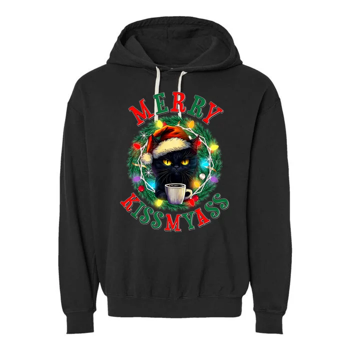 Funny Christmas Merry Kissmyass Moody Cat Coffee Garment-Dyed Fleece Hoodie