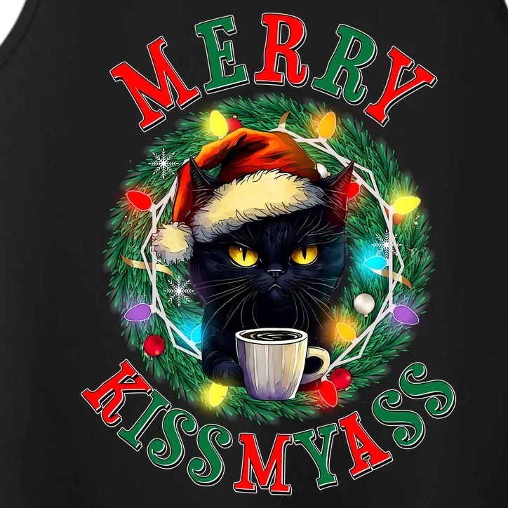 Funny Christmas Merry Kissmyass Moody Cat Coffee Performance Tank