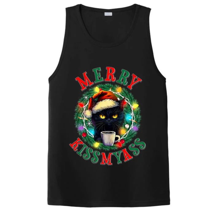 Funny Christmas Merry Kissmyass Moody Cat Coffee Performance Tank