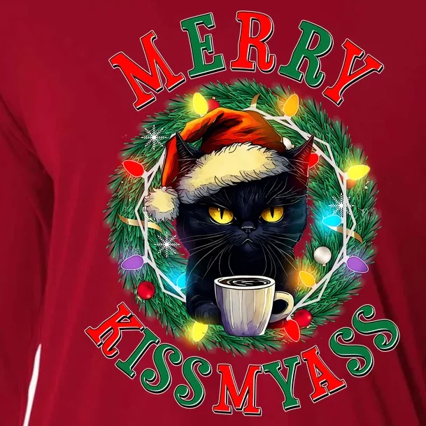 Funny Christmas Merry Kissmyass Moody Cat Coffee Cooling Performance Long Sleeve Crew