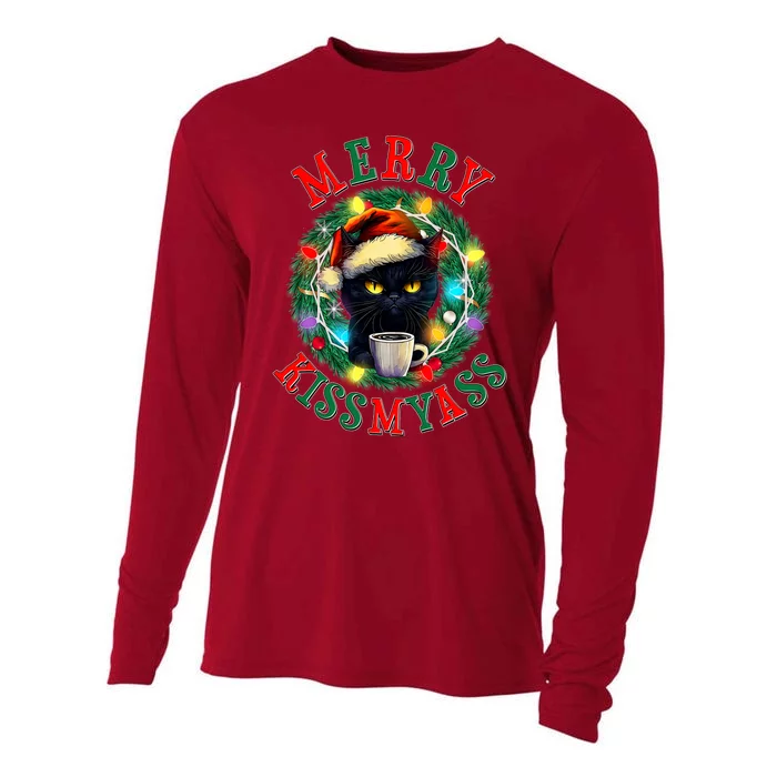 Funny Christmas Merry Kissmyass Moody Cat Coffee Cooling Performance Long Sleeve Crew