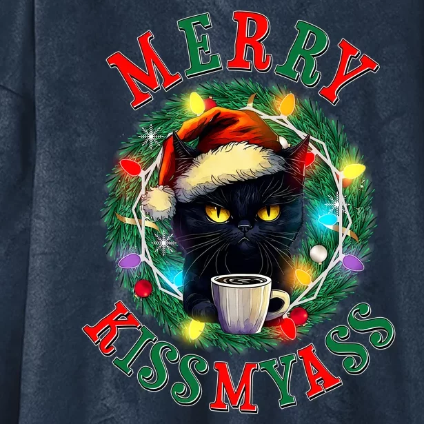 Funny Christmas Merry Kissmyass Moody Cat Coffee Hooded Wearable Blanket