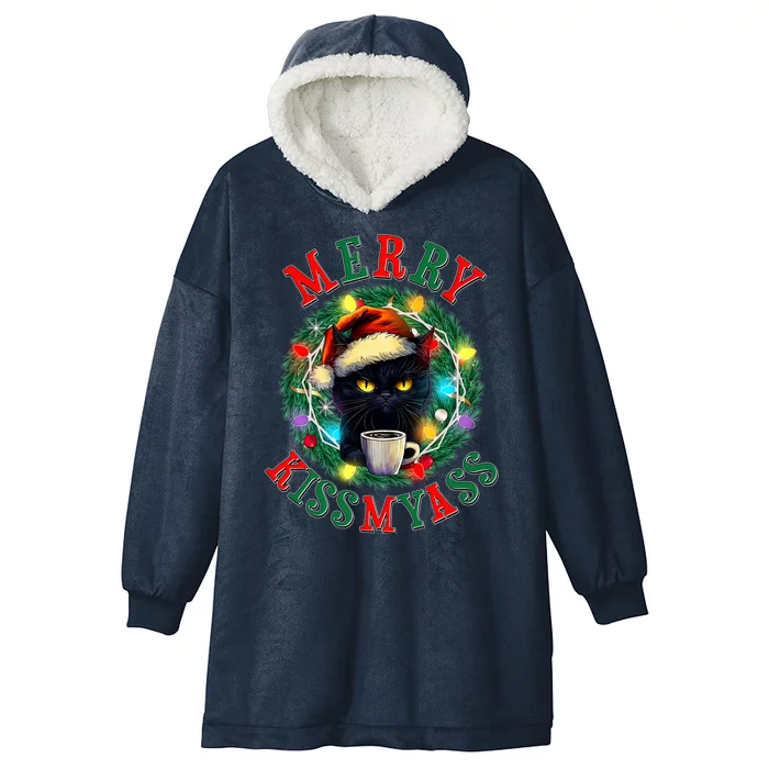 Funny Christmas Merry Kissmyass Moody Cat Coffee Hooded Wearable Blanket