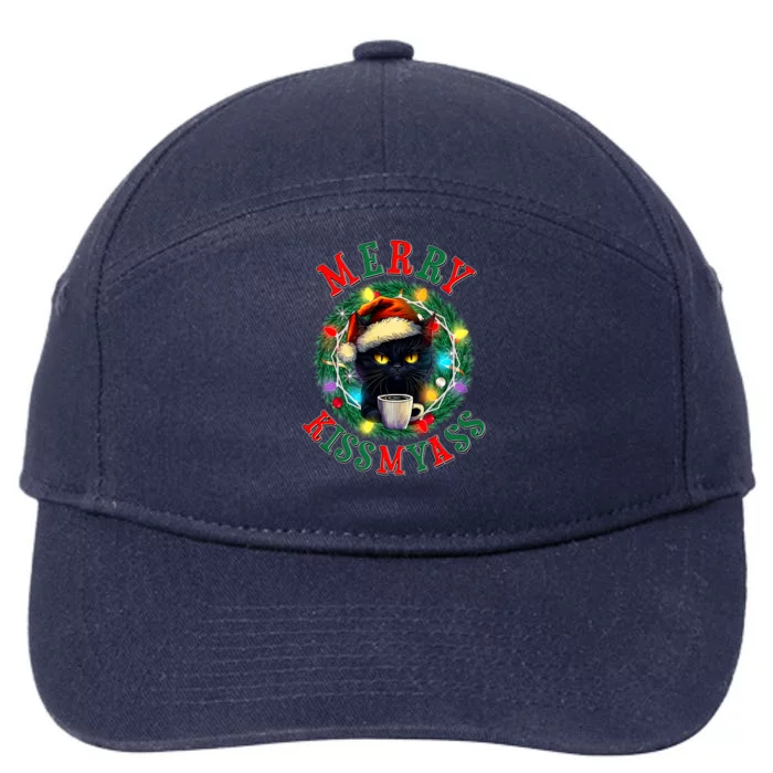 Funny Christmas Merry Kissmyass Moody Cat Coffee 7-Panel Snapback Hat