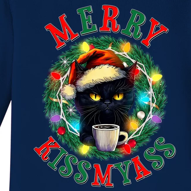 Funny Christmas Merry Kissmyass Moody Cat Coffee Baby Long Sleeve Bodysuit