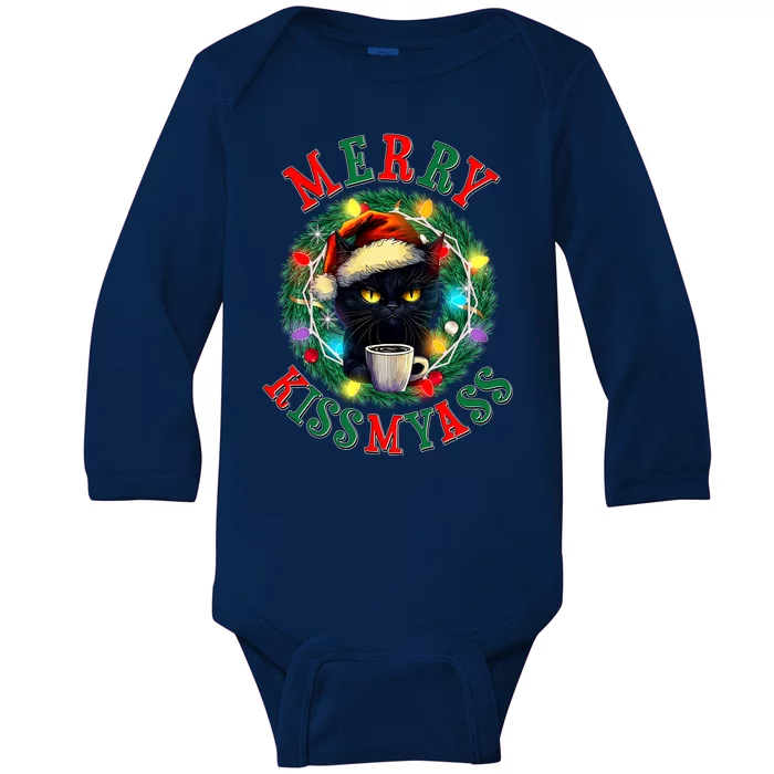 Funny Christmas Merry Kissmyass Moody Cat Coffee Baby Long Sleeve Bodysuit