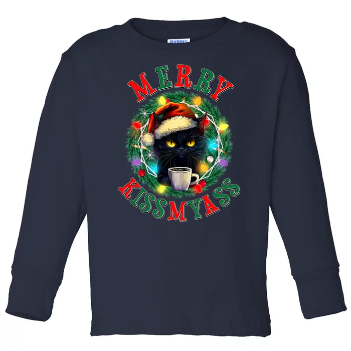 Funny Christmas Merry Kissmyass Moody Cat Coffee Toddler Long Sleeve Shirt