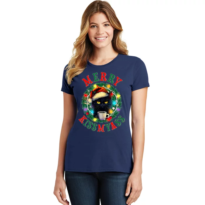 Funny Christmas Merry Kissmyass Moody Cat Coffee Women's T-Shirt