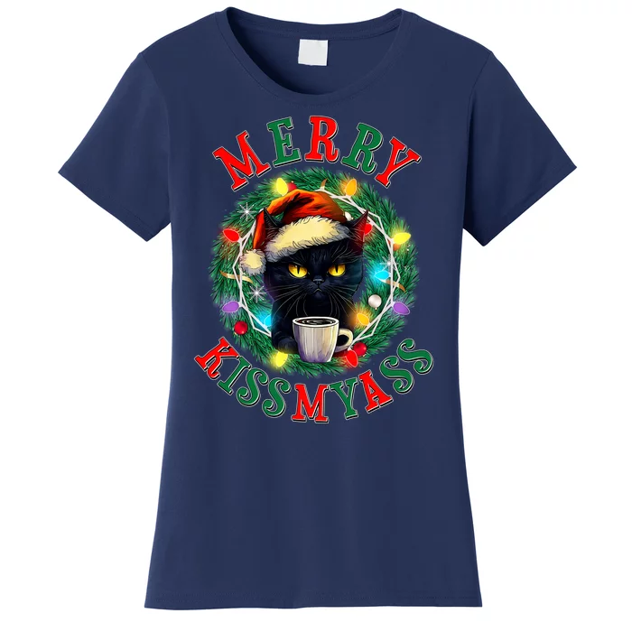 Funny Christmas Merry Kissmyass Moody Cat Coffee Women's T-Shirt