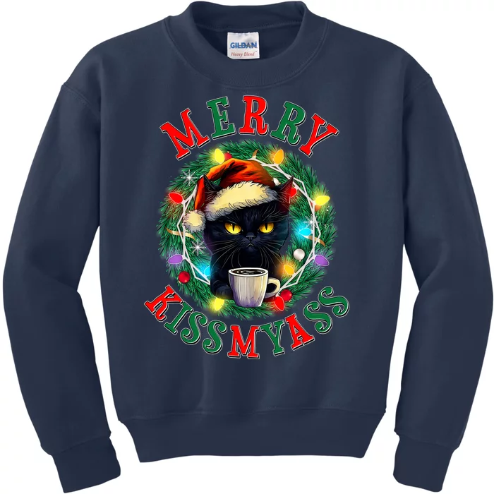 Funny Christmas Merry Kissmyass Moody Cat Coffee Kids Sweatshirt