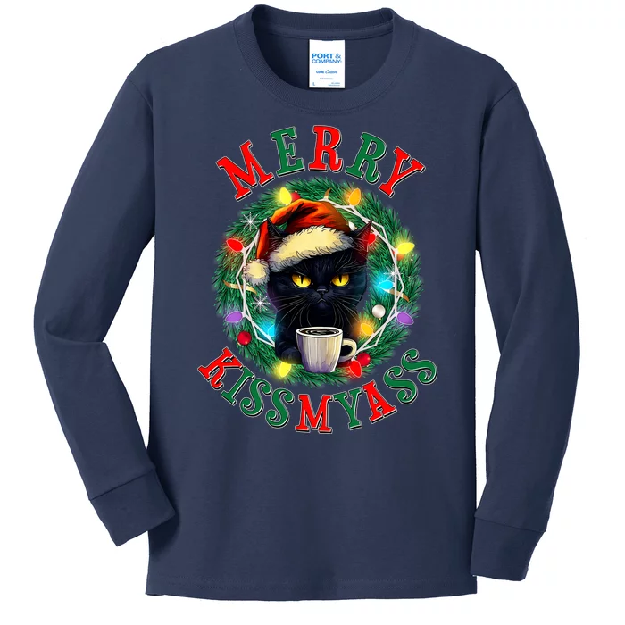 Funny Christmas Merry Kissmyass Moody Cat Coffee Kids Long Sleeve Shirt