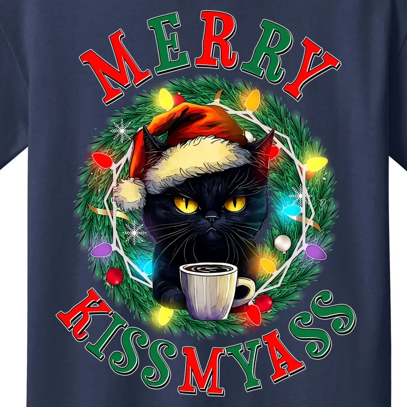 Funny Christmas Merry Kissmyass Moody Cat Coffee Kids T-Shirt