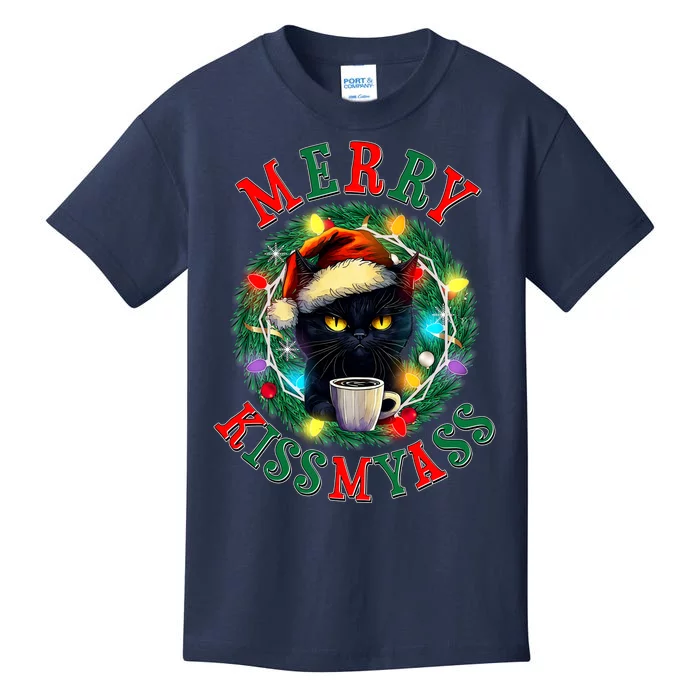 Funny Christmas Merry Kissmyass Moody Cat Coffee Kids T-Shirt