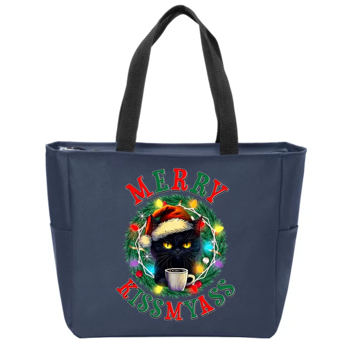 Funny Christmas Merry Kissmyass Moody Cat Coffee Zip Tote Bag