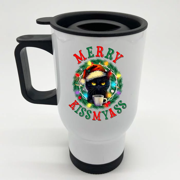 Funny Christmas Merry Kissmyass Moody Cat Coffee Front & Back Stainless Steel Travel Mug