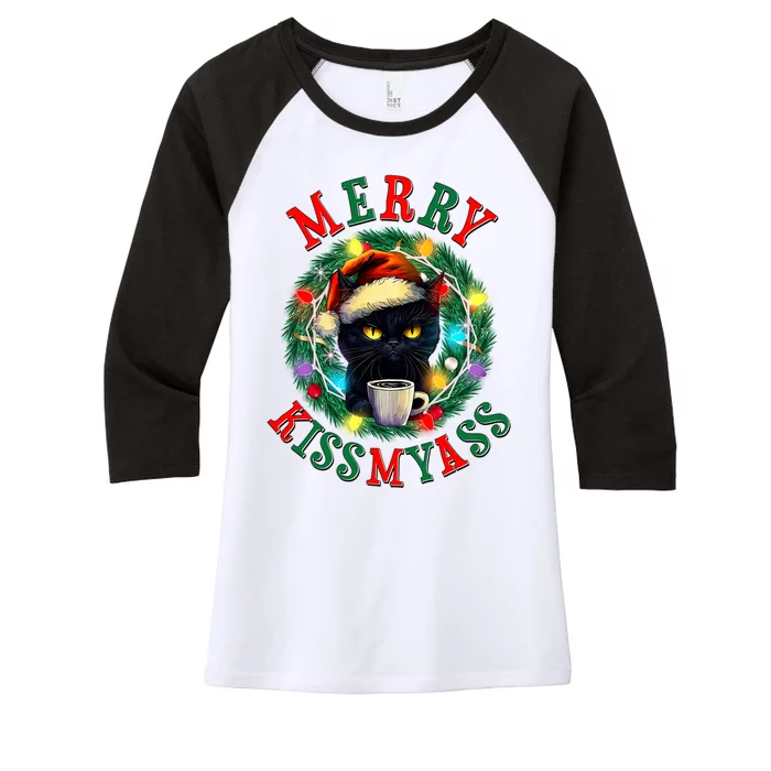 Funny Christmas Merry Kissmyass Moody Cat Coffee Women's Tri-Blend 3/4-Sleeve Raglan Shirt