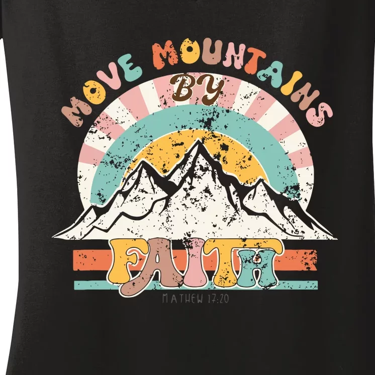 Faith Can Move Mountains Boho Christian Women's V-Neck T-Shirt