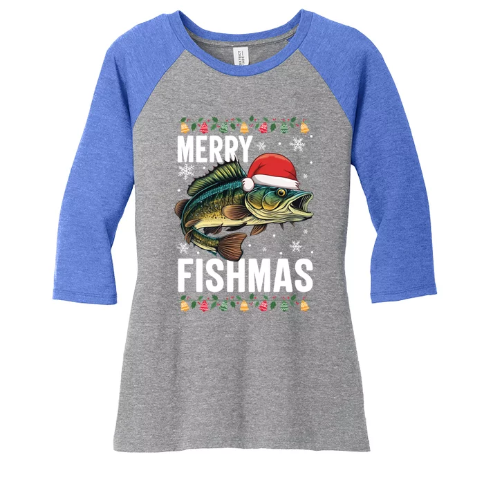 Fishing Christmas Merry Fishmas Sweater Santa Claus Fishers Cute Gift Women's Tri-Blend 3/4-Sleeve Raglan Shirt