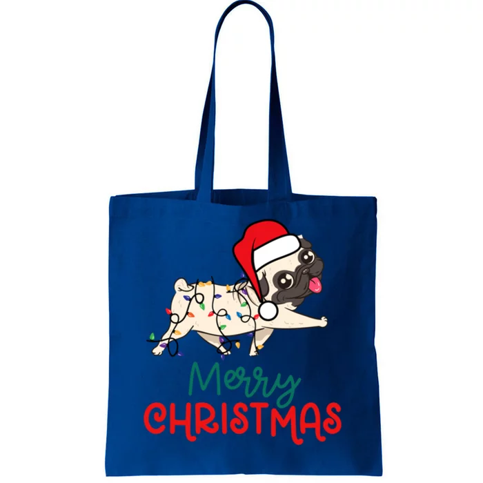 Funny Cute Merry Christmas Pug Santa Hat Xmas Lights Tangled Gift Tote Bag