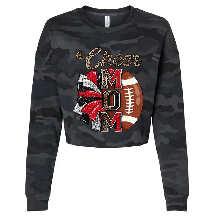 Football Cheer Mom Red Black Pom Leopard Cropped Pullover Crew