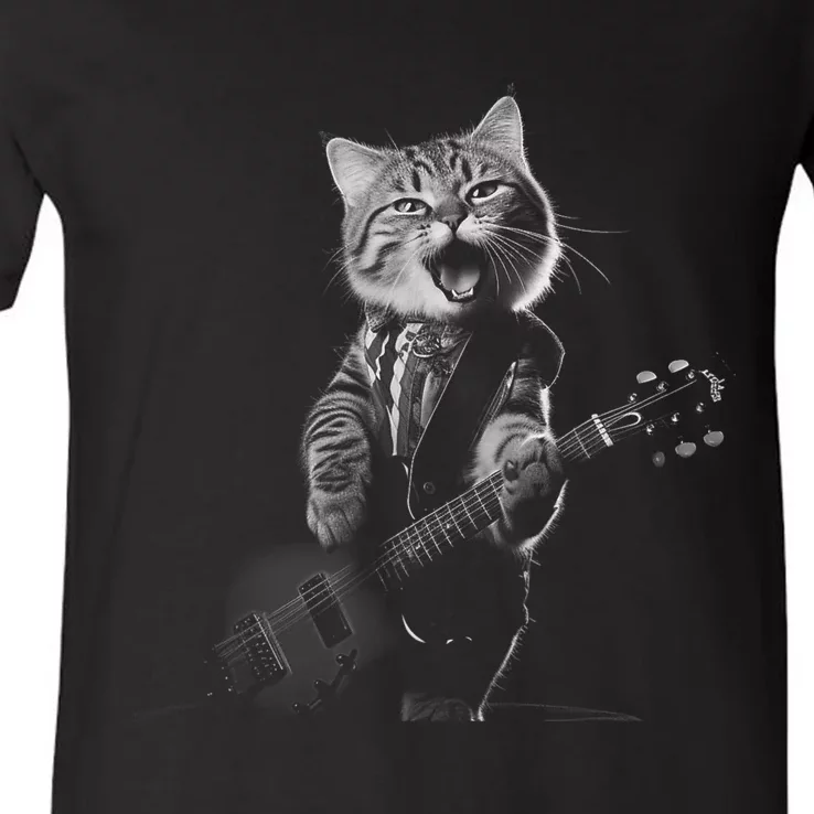 Funny Cat Musician Women Music Cat Playing Guitar V-Neck T-Shirt