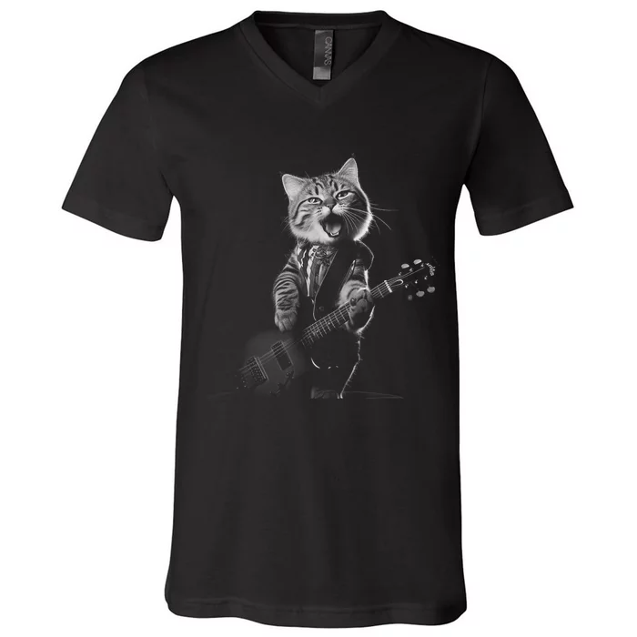 Funny Cat Musician Women Music Cat Playing Guitar V-Neck T-Shirt