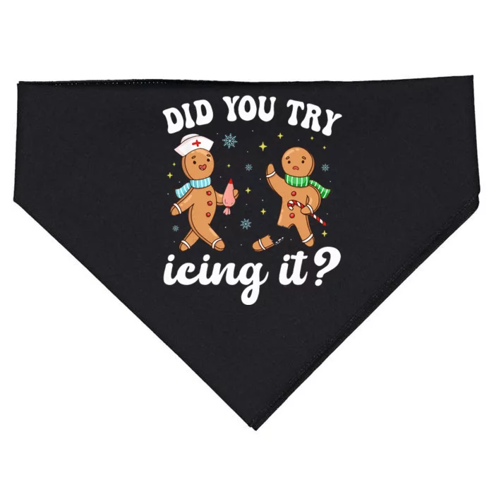 Funny Christmas Nurse Gingerbread Man Did You Try Icing It USA-Made Doggie Bandana