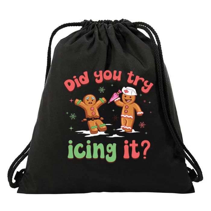 Funny Christmas Nurse Gingerbread Man Did You Try Icing It Drawstring Bag