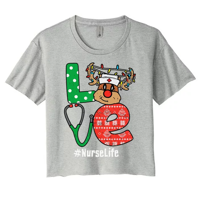 Funny Christmas Nurse Stethoscope Christmas Reindeer Nurse Women's Crop Top Tee