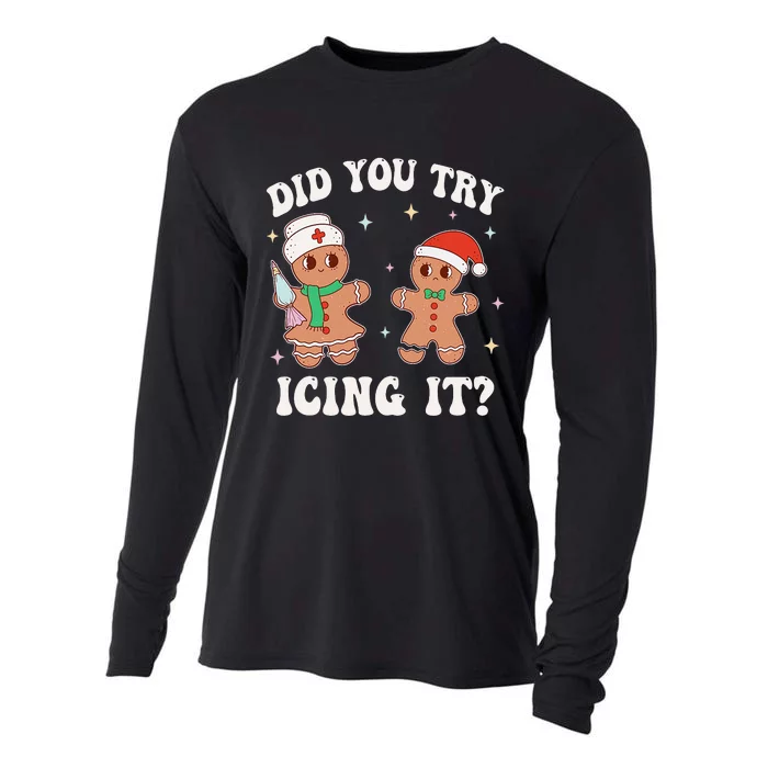 Funny Christmas Nurse Gingerbread Man Did You Try Icing It Cooling Performance Long Sleeve Crew