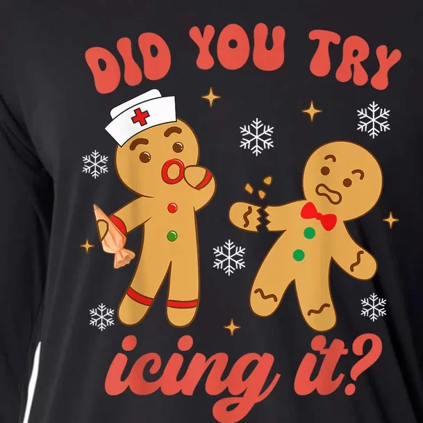 Funny Christmas Nurse Gingerbread Man Did You Try Icing It Cooling Performance Long Sleeve Crew