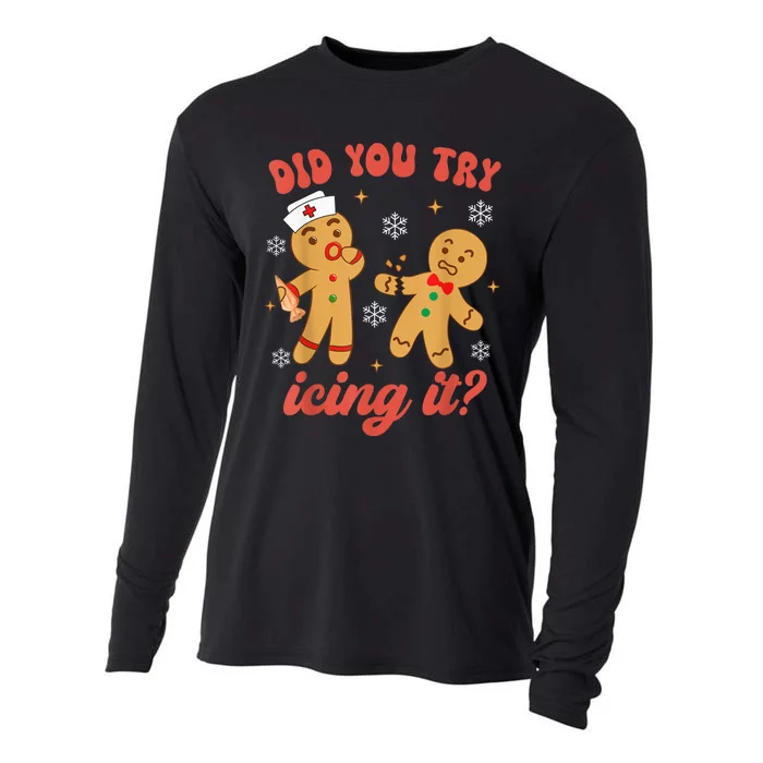 Funny Christmas Nurse Gingerbread Man Did You Try Icing It Cooling Performance Long Sleeve Crew