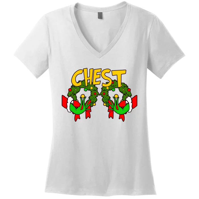 Funny Chest Nuts Couples Matching Christmas Humor Boobs Adult Joke Women's V-Neck T-Shirt